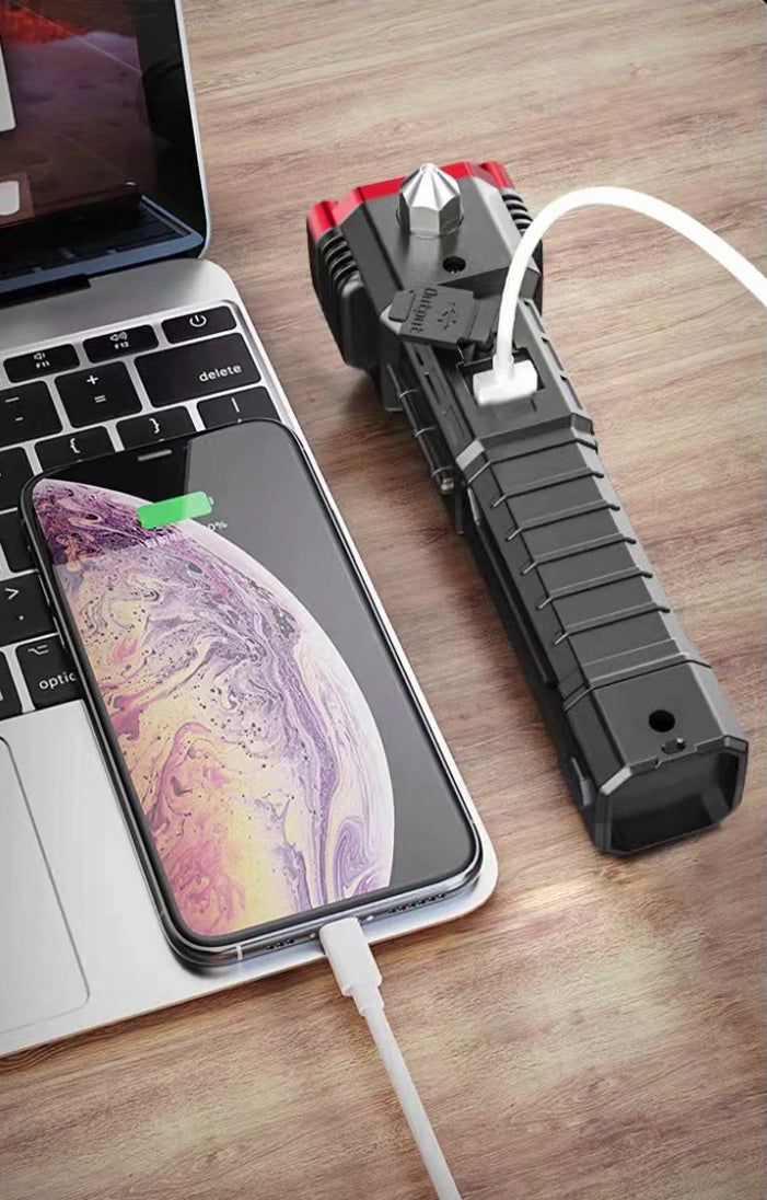 Linterna Led 4 en 1 ™️ Linterna Multifuncional con cargador de objetos USB, martillo y cuchillo de acero