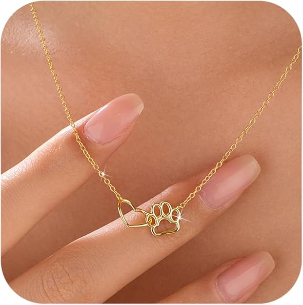 Collar huella de animal y corazón para mujer chapado en oro de 14 quilates