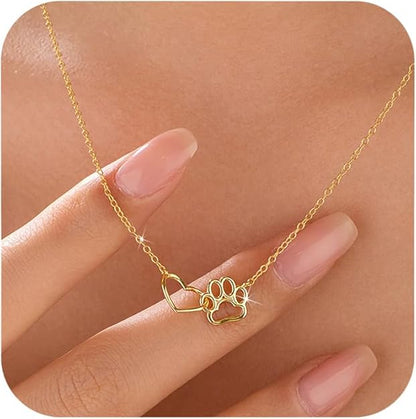 Collar huella de animal y corazón para mujer chapado en oro de 14 quilates
